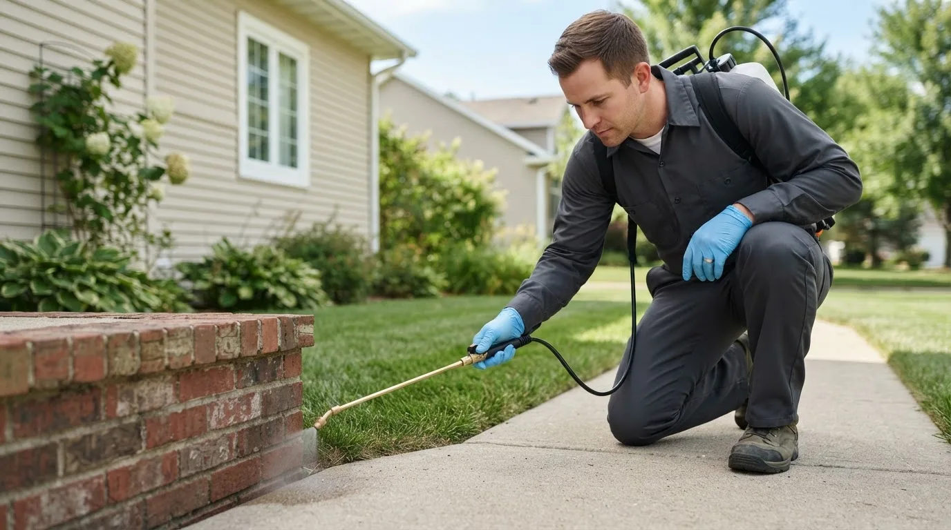 Pest control technician treating a home near Onarga, IL