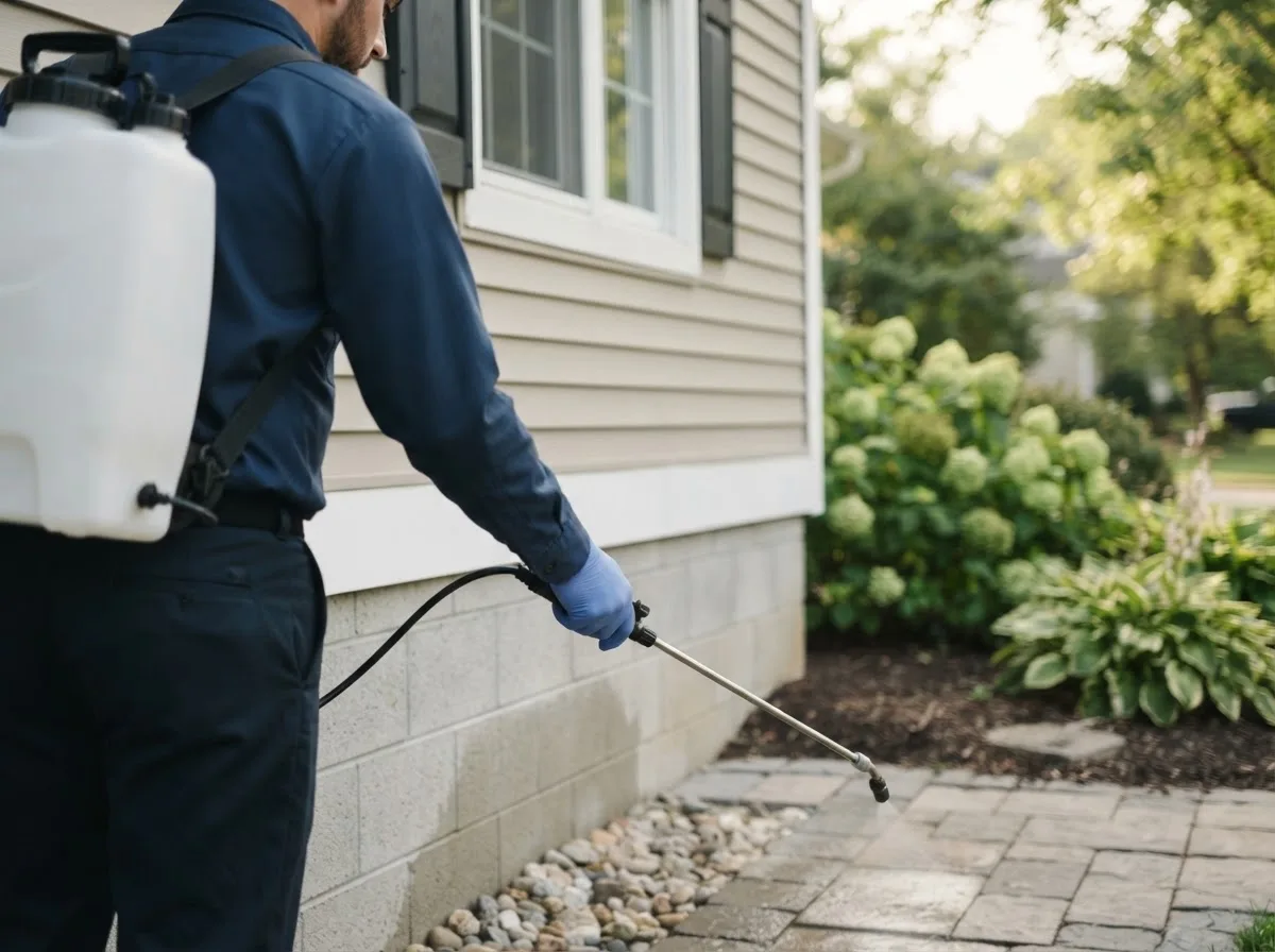 Pest control technician inspecting a home in Onarga, IL
